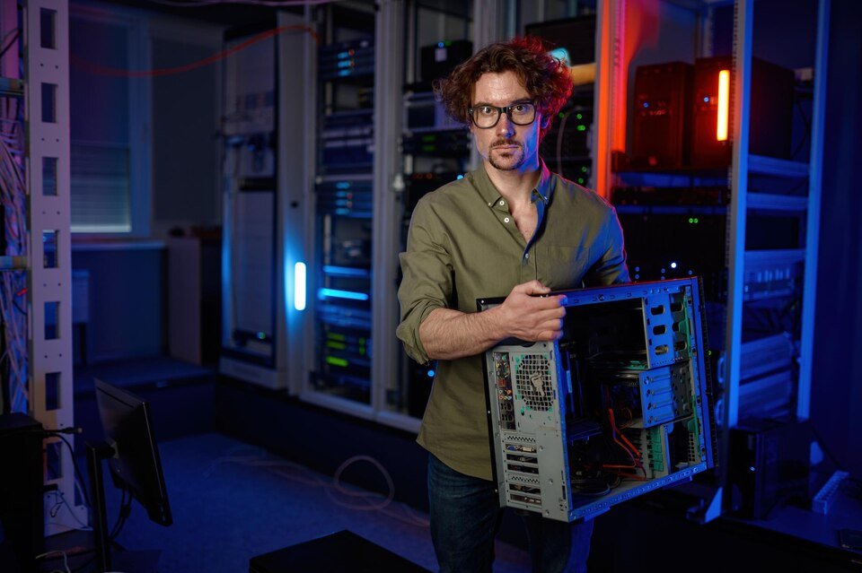 Engineer carrying hardware in a server room