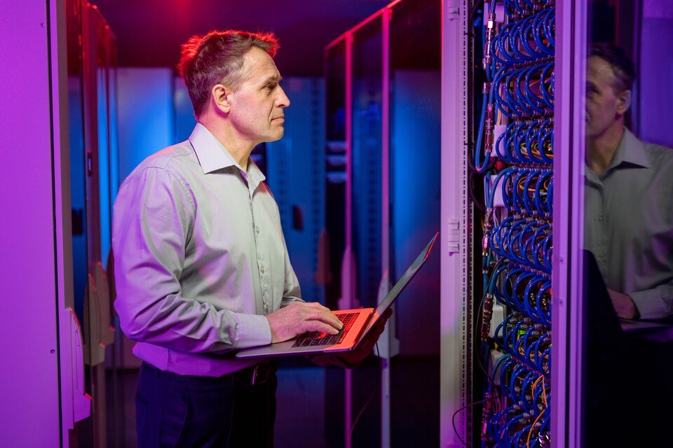 Engineer reviewing a network rack on a laptop