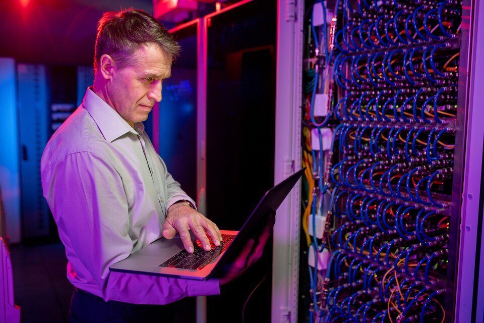 Engineer with a laptop at a network rack