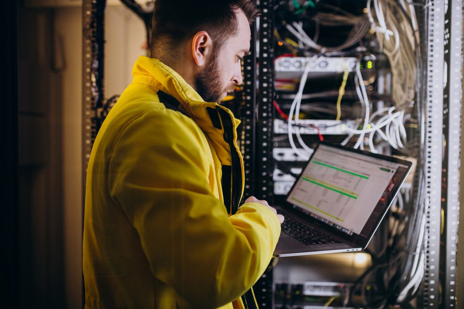 Engineer auditing a rack on a laptop