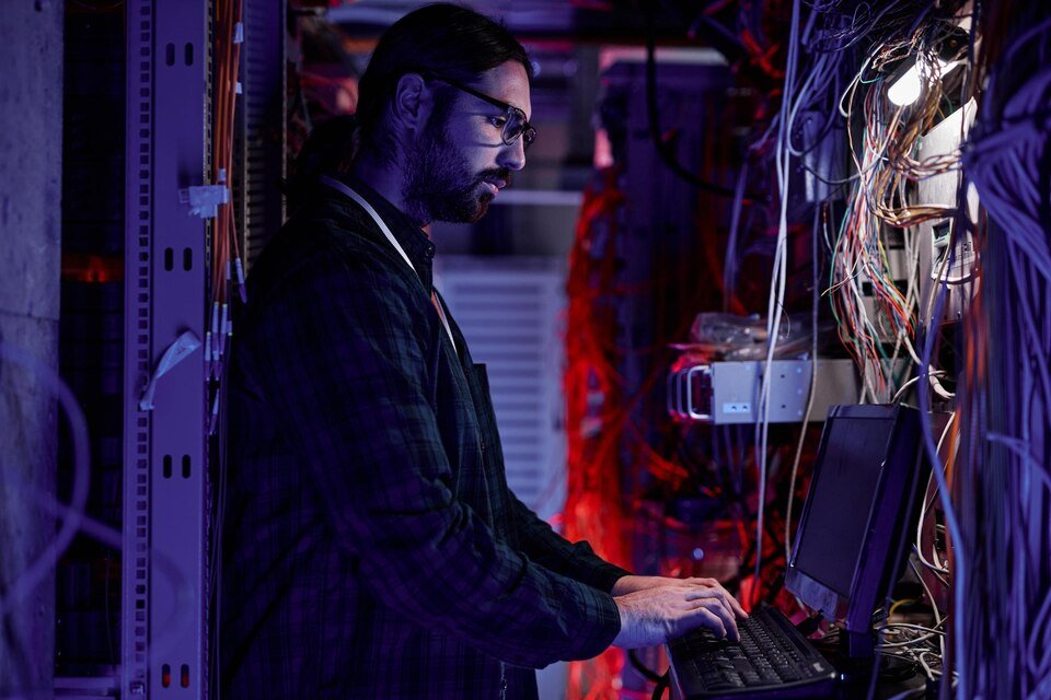 Engineer working at a server rack terminal