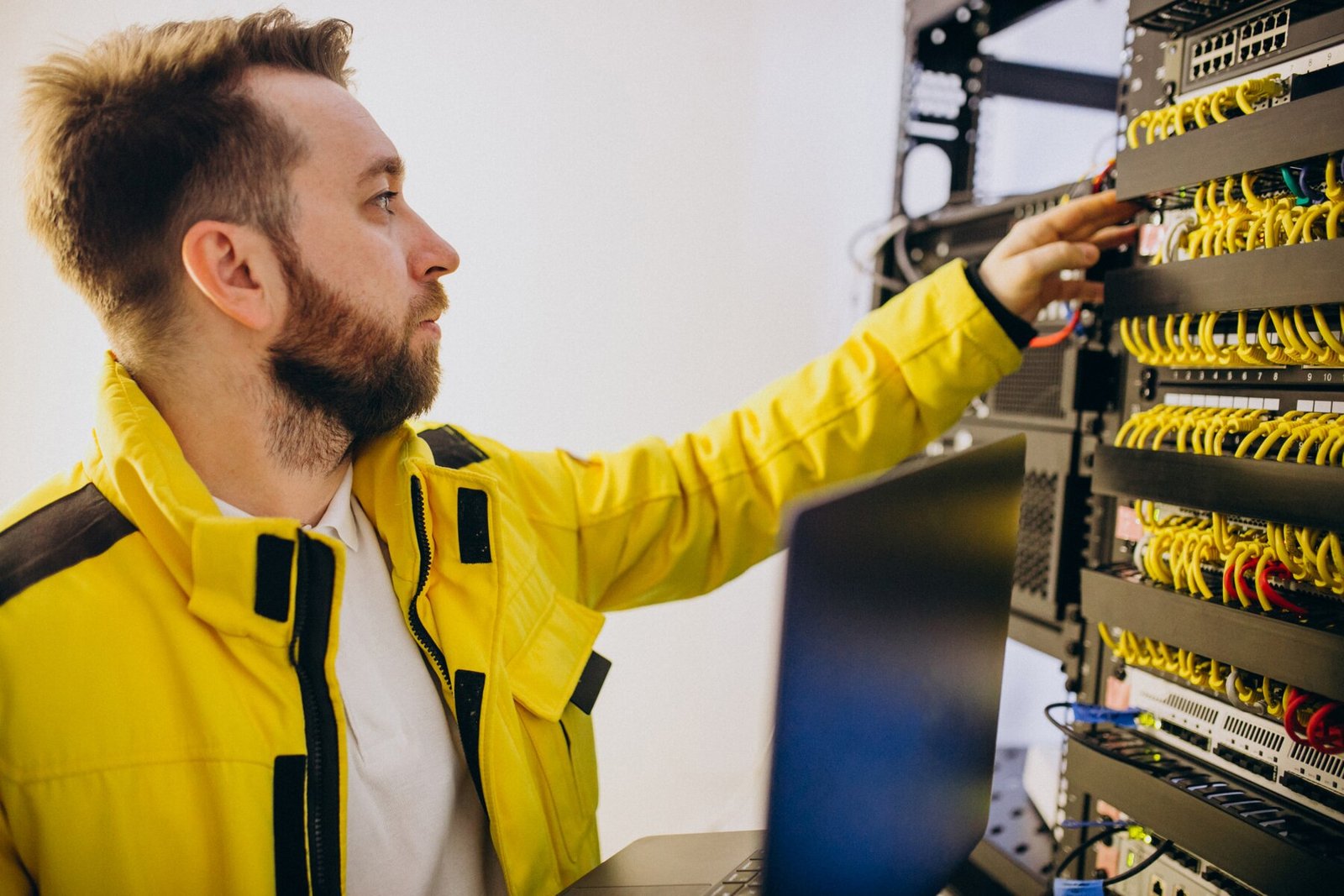 Engineer connecting a network switch