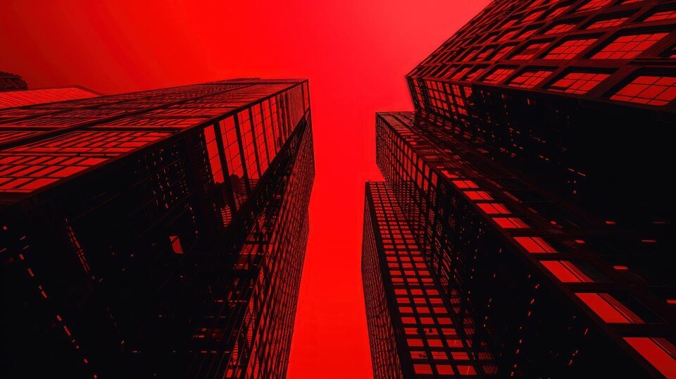 Office towers against a red sky